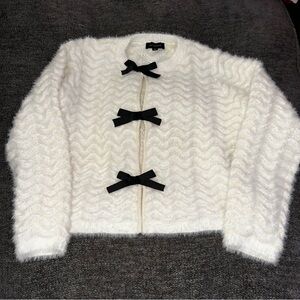 NEW ANTHROPOLOGIE CALLIGRAPHIE Women’s Fuzzy Sweater/Cardigan Black Bows Sz L